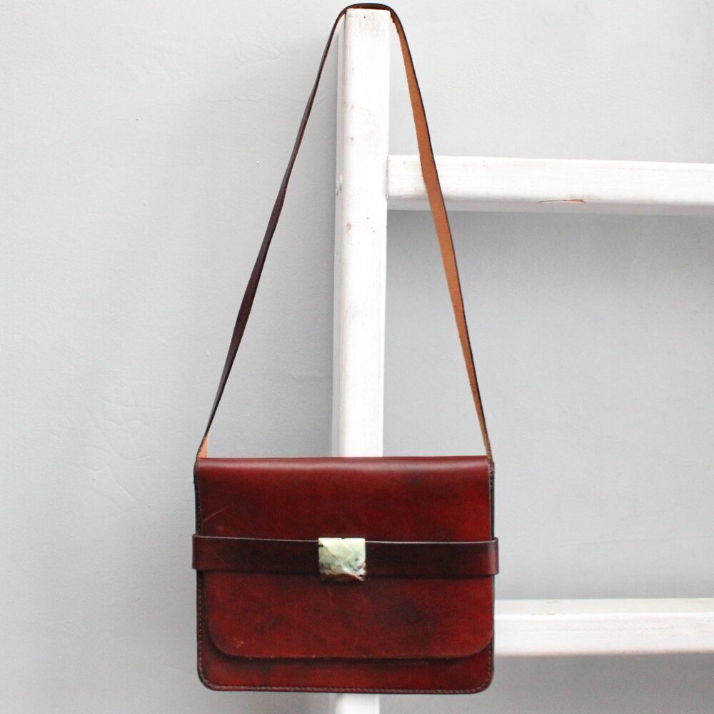 Vintage Brown Leather Flap Stone Accent Shoulder Bag Purse
